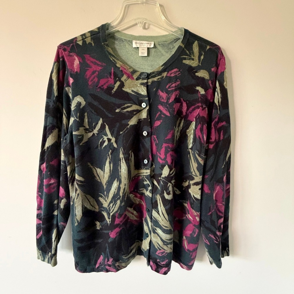 Christopher & Banks Petite XL Cotton Cardigan Sweater Floral Botanical Print
